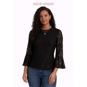 Lulus Black Lace Blouse Medium Bell Sleeve Sheer Elegant Top Womens Chic